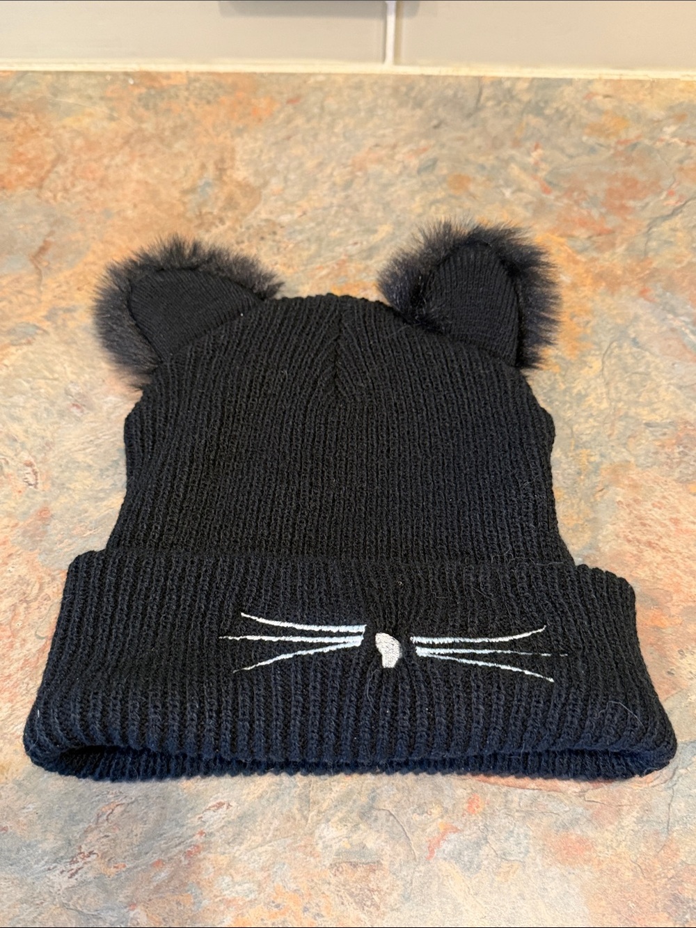 Kids Black Knit Cat Ear Beanie with Whisker Accent EUC